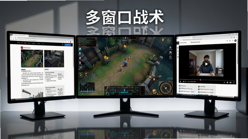 主体为电脑桌面多窗口布局,布局为三屏显示,中间是游戏主界面,两侧分别是攻略网页与视频播放器,排版为网格化整洁布局,风格为极简办公风,细节展示屏幕边框与倒影,画质清晰,无杂乱图标,文字标注“多窗口战术”