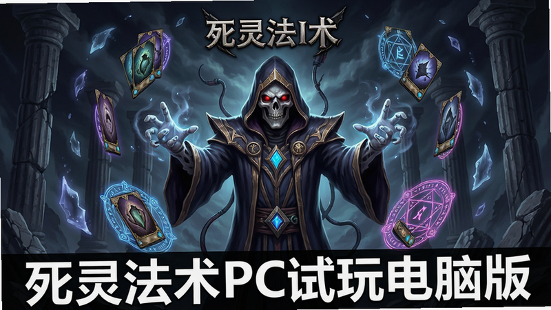 主体为《死灵法术》游戏主界面全景,布局为中央巨大的死灵法师施法特写,周围环绕着悬浮的卡牌与魔法阵,排版采用对称式构图,风格为暗黑奇幻与赛博朋克结合,细节丰富,包含飘动的灵魂碎片与破碎的石柱,画质4K高清,干净无多余元素,文字标注“死灵法术PC试玩电脑版”