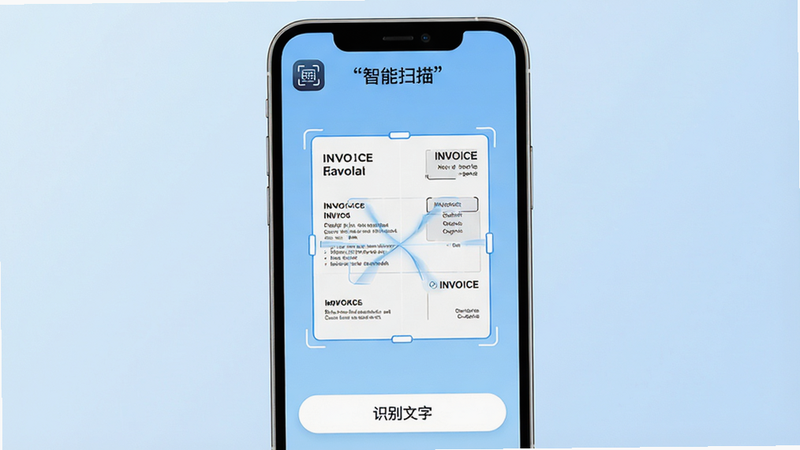 ����Ϊһ����Ϊ������ɨ�衱���ֻ�APP����չʾ������Ϊ�����ֻ�ģ�ͣ���Ļ������ʾһ�ű�����ʶ���Ӣ�ķ�Ʊ�ĵ����ĵ���Ե�����ܲü��ߣ�����Ϊ�ɾ���ǳ��ɫ���䣬�Ű����ִ������Ϊ����Ƽ��磬ϸ�ڰ���APPͼ�������Ͻǣ��ײ��С�ʶ�����֡���ť�����ʸ���4k���ɾ��޶���Ԫ�أ����֡�����ɨ�衱��������ʾ�ڶ���������