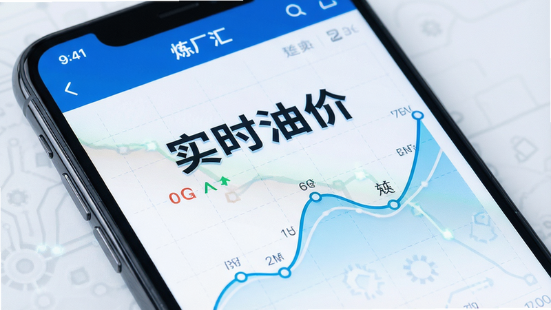 手机屏幕特写,显示“炼厂汇”App内的价格走势图,线条流畅,数据点清晰,背景为浅色网格,突出显示“实时油价”字样,风格科技感,细节丰富,画质高清,干净,无多余元素,文字