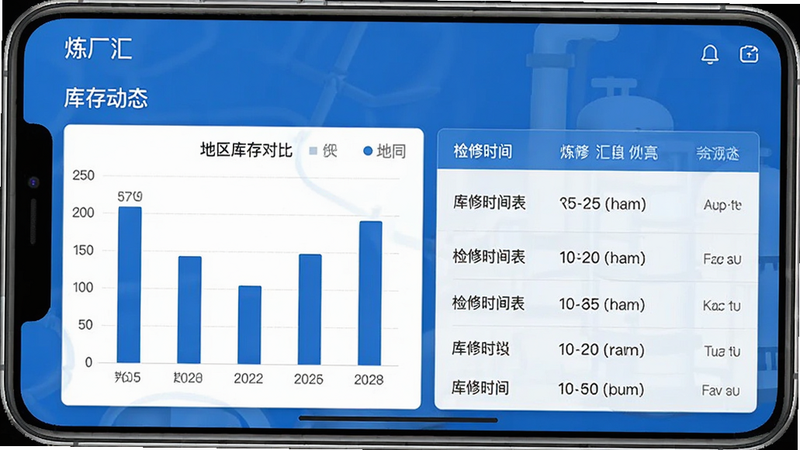 “炼厂汇”App界面截图,展示“库存动态”模块,包含柱状图显示不同地区库存对比,以及列表形式的检修时间表,界面整洁,蓝色主题,细节清晰,画质8K,干净,无多余元素,文字