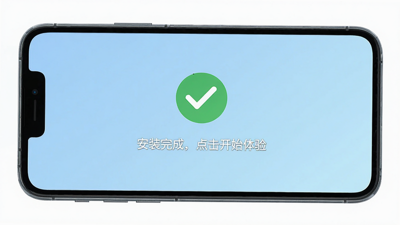 手机屏幕显示Autophix的安装成功界面,绿色对勾图标居中,下方文字为“安装完成,点击开始体验”。背景为浅蓝色渐变,简洁明快。风格为扁平化UI,清晰易读,画质高清,无其他干扰元素