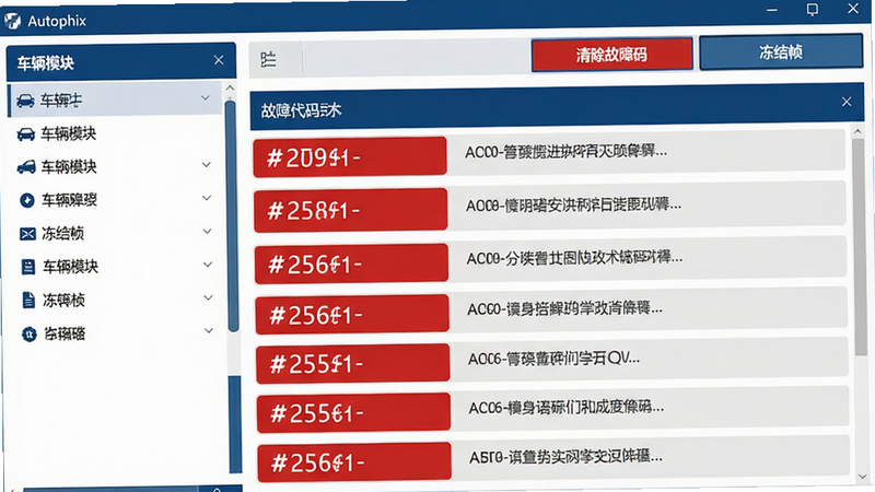 Autophix软件界面截图展示,左侧为车辆模块选择列表,右侧为详细的故障代码列表。代码以红色高亮显示,旁边配有灰色的解释文本。界面顶部有“清除故障码”和“冻结帧”按钮。风格为扁平化UI设计,色彩以深蓝和白色为主,布局整齐,字体清晰,画质高清,无水印