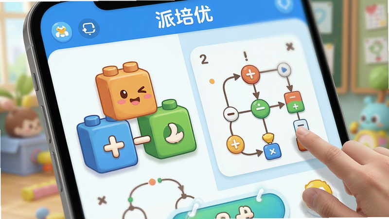 特写镜头展示“派培优”APP内的游戏化数学题界面,画面中有卡通风格的四则运算积木块、逻辑连线题,色彩鲜艳明亮,UI设计简洁可爱,突出互动感,背景虚化,突出屏幕内容,高清写实风格
