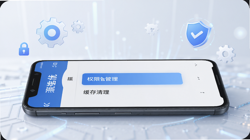 一部安卓手机侧视图,屏幕显示“派培优”APP的设置页面,重点高亮显示“权限管理”和“缓存清理”选项,周围环绕着齿轮、盾牌等图标象征安全与设置,风格简洁科技,光线柔和