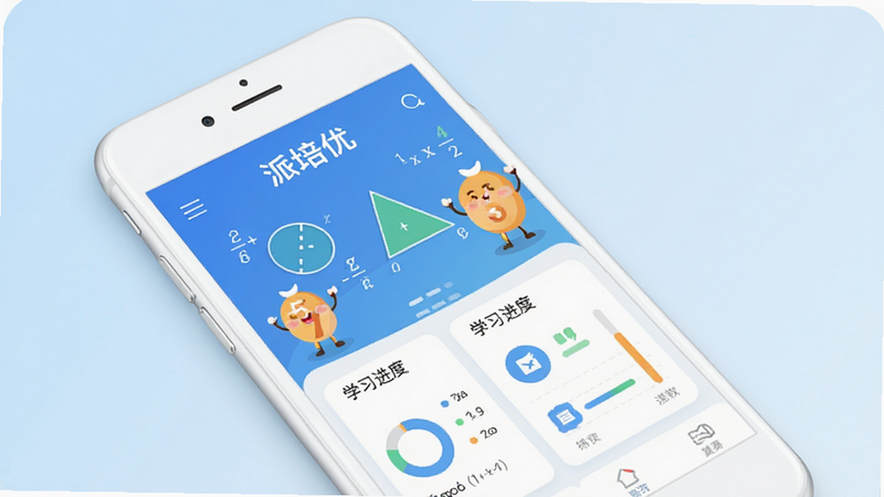 一张高清现代扁平化风格的手机应用界面展示图,主体为一部白色智能手机,屏幕显示“派培优”APP首页,界面包含数学几何图形、卡通数字角色、学习进度图表,背景为淡蓝色渐变,干净无多余元素,画质清晰,文字“派培优”清晰可见