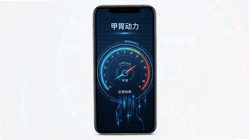 主体为甲胄动力App的手机界面,布局为竖屏展示,中心显示实时功率仪表盘,背景为深蓝色科技网格,风格为现代极简主义,细节包含清晰的蓝色数据流光效,画质高清,干净,无多余元素,文字