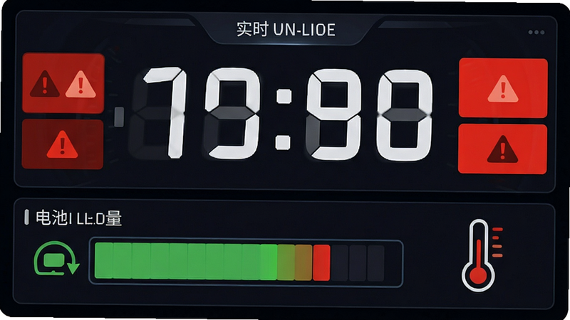 主体为动态数据监控面板,布局为上下两层,上层为实时速度大数字,下层为电池电量条与温度图标,风格为仪表盘式,细节包含红色警告色块,画质锐利,干净,无多余元素,文字