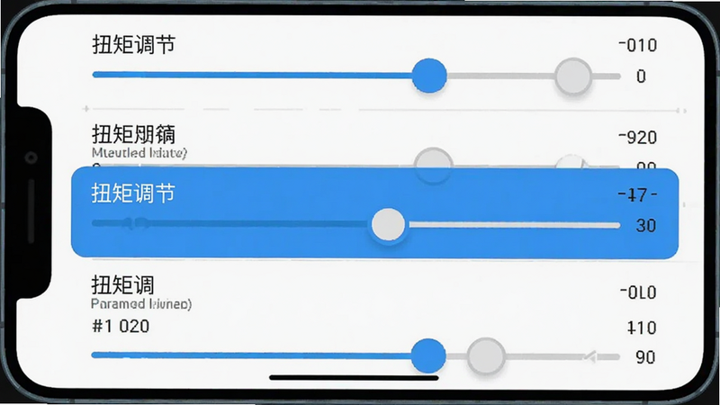 主体为手机屏幕上的参数调节滑块界面,布局为列表式排列,每个滑块对应不同功能,风格为扁平化设计,细节显示滑块旁的数值变化,蓝色高亮当前选中项,画质清晰,干净,无多余元素,文字