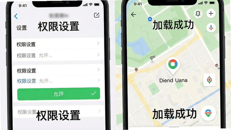 主体为手机设置界面与地图APP界面的对比图,布局为左右分屏,左侧显示权限设置列表,右侧显示地图加载成功画面,风格为扁平化UI设计,细节突出“允许”按钮的绿色高亮,画质清晰,干净,文字“权限设置”与“加载成功”清晰标注