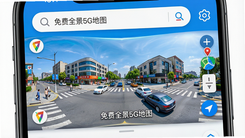 主体为手机屏幕特写,显示“免费全景5G地图”APP界面,布局为全屏沉浸式视图,上方有搜索栏,中间展示清晰的360度街道全景图,风格为现代科技感,细节包括UI图标清晰、色彩鲜艳,画质高清,干净无多余元素,文字“免费全景5G地图”清晰可见