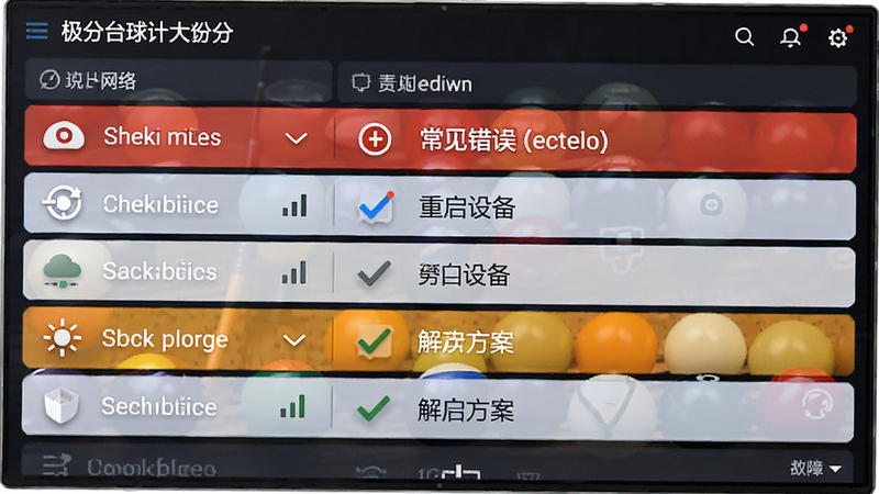 主体是极分台球计分大屏的故障排查界面,布局为列表形式,列出常见错误代码和解决方案,风格简洁专业,细节显示检查网络、重启设备等图标,画质清晰,无多余装饰