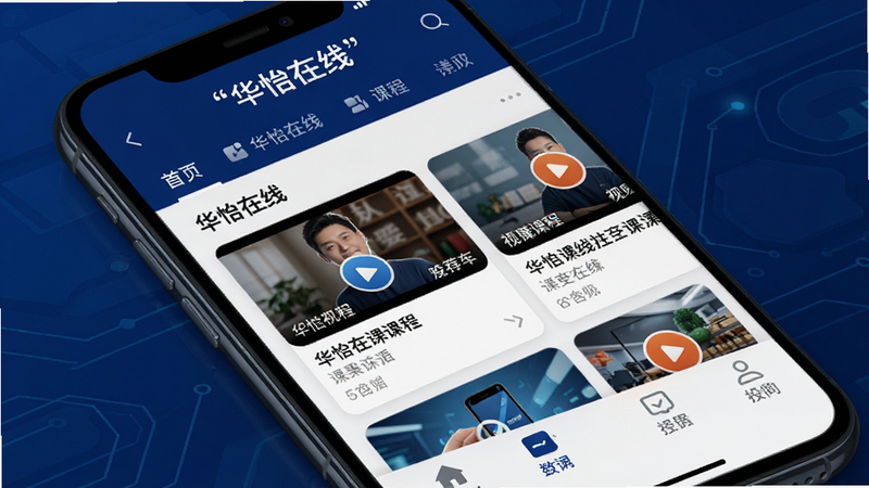 主体为智能手机屏幕,显示“华怿在线”APP主界面,布局清晰,包含顶部导航栏、中部视频课程推荐卡片、底部功能菜单;排版采用扁平化设计,色彩以深蓝与白色为主,风格现代科技感;细节处可见高清图标与文字标签,画质8k,干净无多余元素,文字加引号“华怿在线”