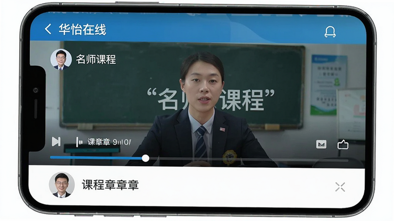 主体为手机屏幕,显示“华怿在线”APP的视频播放界面,布局包含视频画面区、进度条、下方课程章节列表;排版直观易用,风格专业教育风;细节处可见讲师头像与课程标题,画质清晰,干净,文字加引号“名师课程”