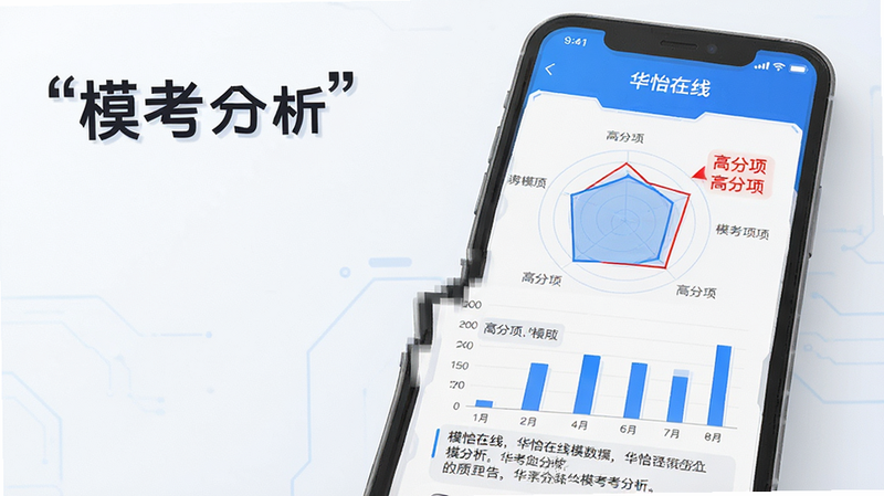 主体为手机屏幕,显示“华怿在线”APP的模考报告界面,布局包含雷达图、柱状图及文字总结;排版数据化,风格科技蓝白调;细节处有高分项标红,画质精细,干净,文字加引号“模考分析”