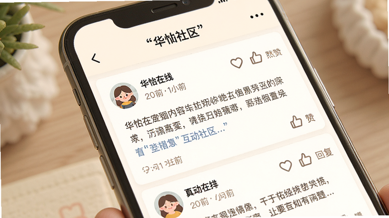 主体为手机屏幕,显示“华怿在线”APP的社区帖子列表,布局包含用户头像、发帖时间、内容摘要;排版社交化,风格温馨友好;细节处有点赞与回复图标,画质柔和,干净,文字加引号“互动社区”