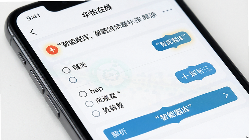主体为手机屏幕特写,显示“华怿在线”APP中的题库界面,布局为列表式题目展示,包含题干、选项与解析入口;排版紧凑有序,风格简洁商务;细节处有高亮标记的错题图标,画质高清,干净,文字加引号“智能题库”