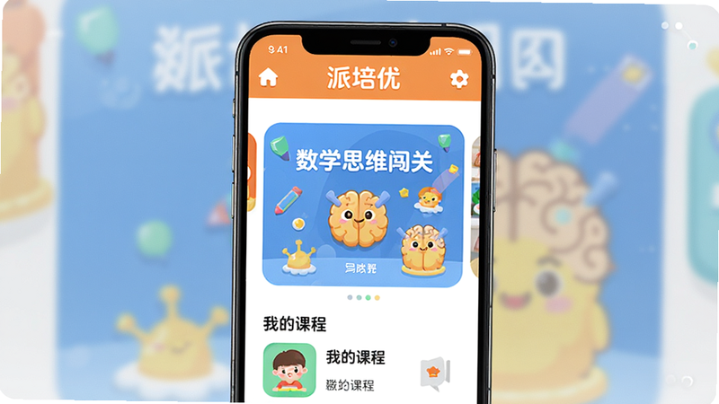 派培优安卓版主界面预览图,主体为手机屏幕显示APP首页,布局清晰,顶部有导航栏,中间是'数学思维闯关'模块,底部是'我的课程',风格为扁平化卡通设计,色彩明亮温馨,细节展示UI图标,画质高清,干净无多余元素,文字'派培优'清晰可见