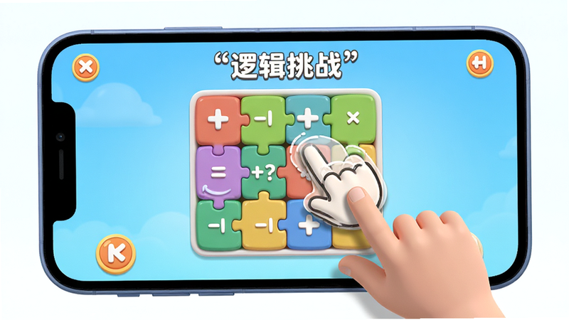 派培优游戏化课堂界面,主体为手机屏幕,显示一个卡通风格的数学逻辑拼图游戏,布局居中,排版整洁,风格为3D卡通渲染,细节展示拖拽操作手势,画质8k,干净,文字'逻辑挑战'加引号