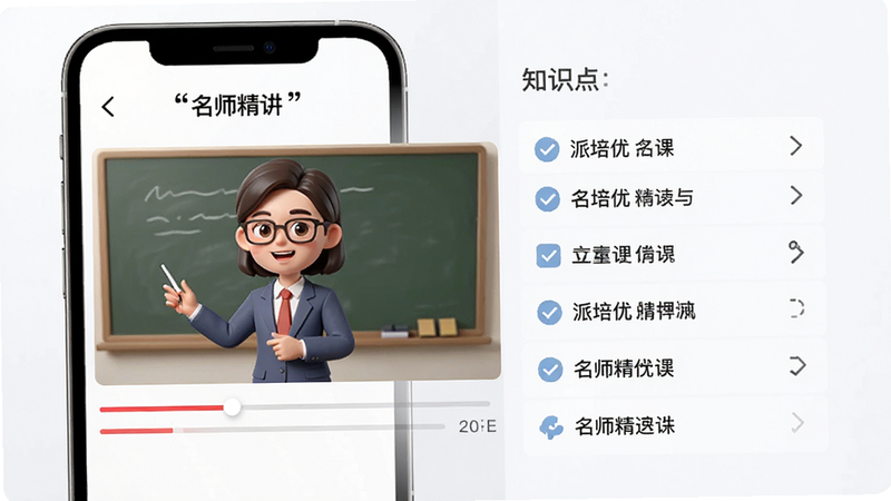 派培优名师课程播放页,主体为手机屏幕,显示一位卡通老师形象正在讲解,布局左侧视频区右侧知识点列表,排版垂直分布,风格为写实与卡通结合,细节展示进度条,画质高清,干净,文字'名师精讲'加引号