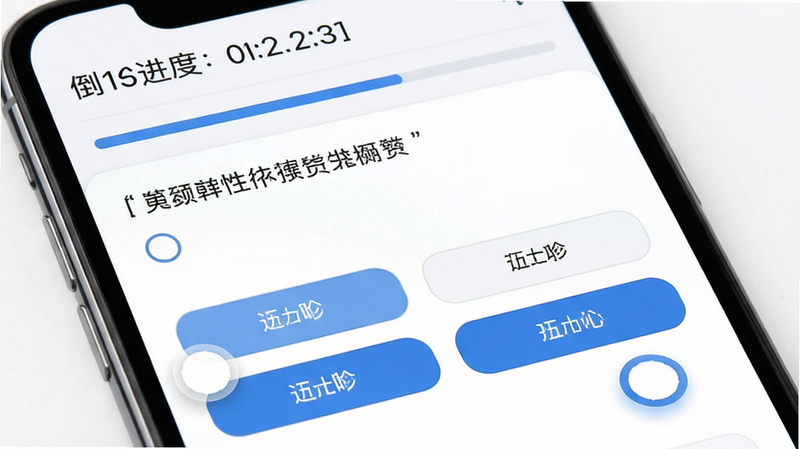 展示考试界面的UI设计图,手机屏幕上方显示倒计时和题号进度条,中间是单选题题干,下方是四个选项按钮,布局整齐,排版清晰,风格专业严谨,细节展示按钮点击反馈效果,画质高清,干净,无多余元素