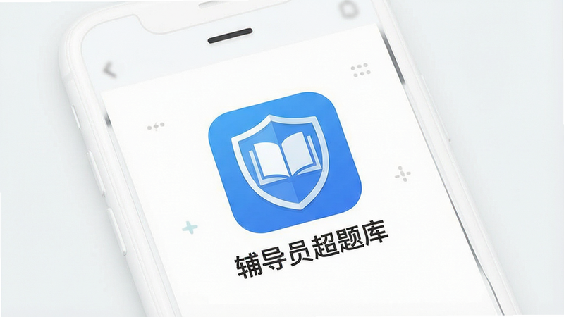 一张扁平化风格的应用界面展示图,主体为白色背景的手机屏幕,屏幕中央显示“辅导员超题库”应用图标,图标为蓝色盾牌搭配书本图案,布局居中,排版简洁,风格现代清新,细节清晰,画质高清,干净,无多余元素