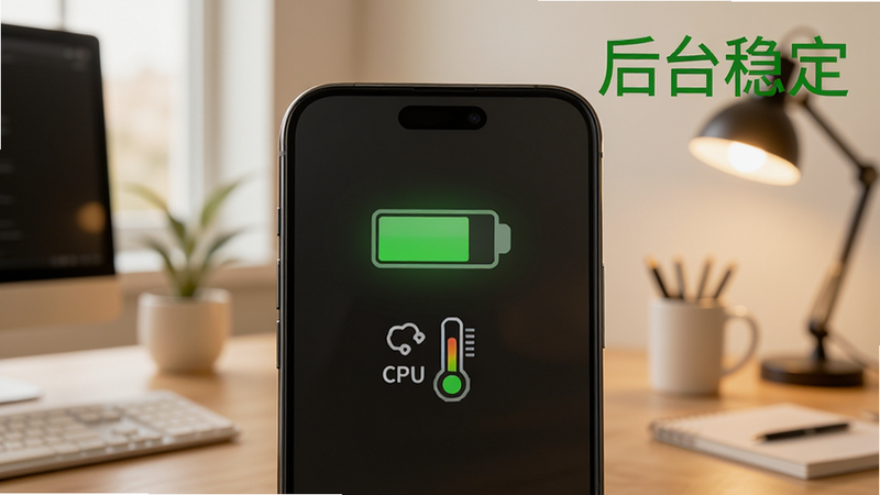 主体为手机背面视角,显示电池图标和CPU温度图标,两者均显示绿色正常状态,背景为柔和的办公室环境,布局平衡,风格温馨实用,细节真实,高清画质,干净,文字“后台稳定”位于右上角,绿色字体。