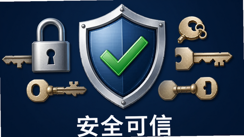 主体为一个盾牌图标,盾牌中央有一个绿色的对勾,周围环绕着锁和钥匙的元素,背景为深蓝色,布局中心对称,风格安全可信,细节精致,高清画质,无多余元素,文字“安全可信”位于底部,白色字体。