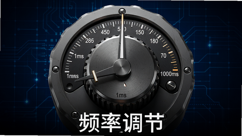 主体为一个巨大的旋钮控制器,刻度盘上标有“1ms”到“1000ms”的数值,旋钮指针指向中间位置,背景为深蓝色科技感网格,布局居中,风格工业风,细节精致,高清画质,无多余元素,文字“频率调节”位于底部,白色字体。