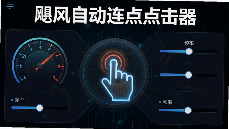 主体为飓风自动连点点击器APP的主界面截图,背景为深色科技风,中央显示一个正在闪烁的虚拟手指点击图标,周围环绕着速度表和频率调节滑块,布局清晰规整,风格现代简洁,细节丰富,高清画质,无多余元素,文字“飓风自动连点点击器”位于顶部居中,白色字体,加粗。
