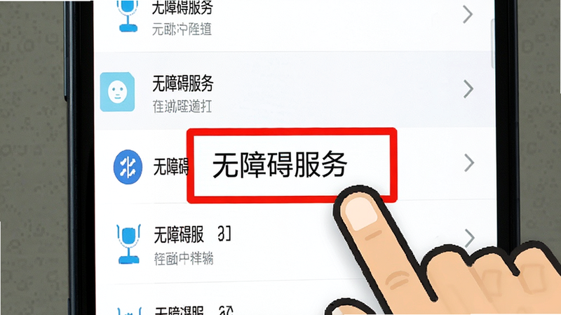 主体为手机设置界面,高亮显示“无障碍服务”选项,手指图标正在点击该选项,背景为系统设置列表,布局垂直排列,风格扁平化,细节清晰,高清画质,干净,文字“无障碍服务”位于中心,红色边框高亮。