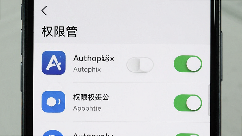 主体为手机设置界面截图,布局展示应用权限管理列表,排版清晰,风格系统原生 UI,细节包括 Autophix 图标和开启的权限开关,画质清晰,干净,无多余元素,文字