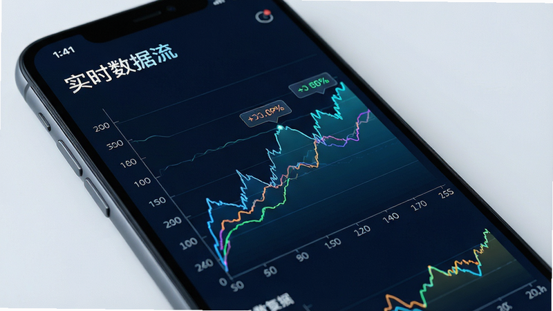 主体为手机屏幕上的动态曲线图,布局展示多个数据折线走势,排版紧凑有序,风格科技数据可视化,细节包括坐标轴刻度和实时数值标签,画质清晰,干净,无多余元素,文字
