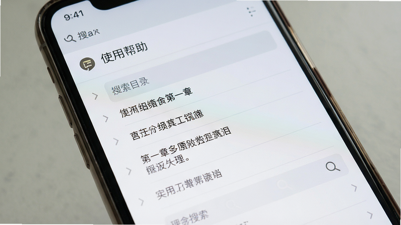主体为手机屏幕上的帮助文档页面,布局展示目录列表,排版简洁,风格阅读模式,细节包括章节标题和搜索栏,画质高清,干净,无多余元素,文字