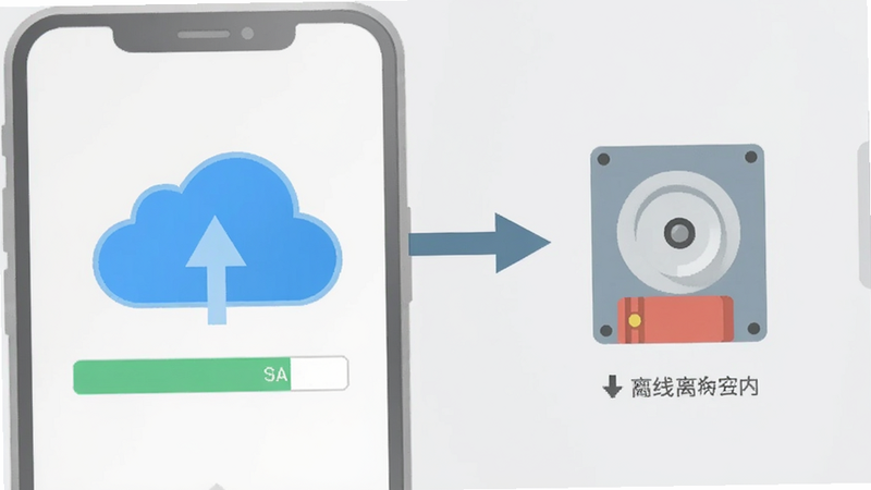 一部手机正在下载音乐文件的界面示意图,屏幕上有进度条快速增加,旁边有一个云朵图标表示云端,和一个硬盘图标表示本地存储,两者之间有箭头连接,表示数据流向,背景为浅灰色,简洁明了,突出离线下载功能,图标设计扁平化,色彩清新,易于理解