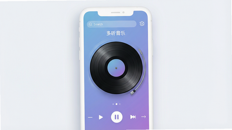 一张高清现代风格的手机界面展示图,主体为一部白色智能手机,屏幕显示着名为“多听音乐”的应用界面,界面背景为淡雅的渐变蓝紫色,中央有一个巨大的圆形唱片正在旋转,唱片纹理清晰可见,下方排列着简洁的播放控制按钮(播放、暂停、上一首、下一首),顶部有搜索栏和设置图标,整体布局极简,色彩柔和,光影效果细腻,4k分辨率,无多余杂物,干净清爽