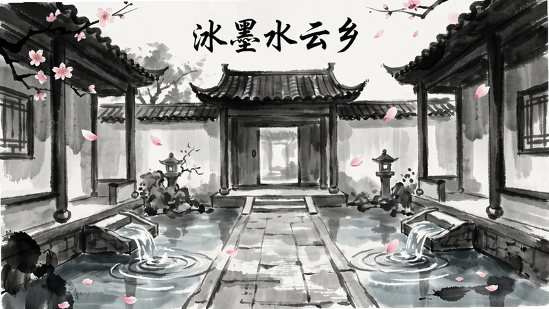 主体为《淡墨水云乡》游戏场景特写,布局聚焦于一处庭院,排版对称,风格为国风水墨,细节展示墨色浓淡变化、花瓣飘落、流水波纹,文字标注“水墨意境”,画质细腻,干净,无多余元素