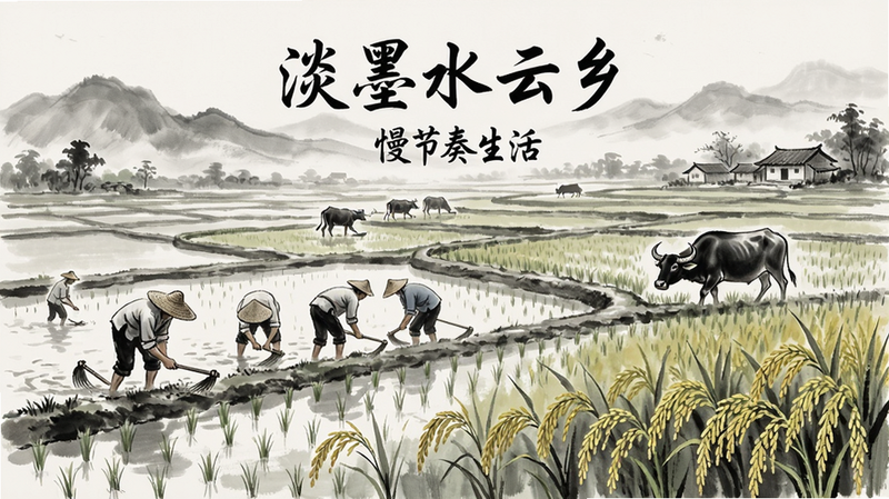 主体为《淡墨水云乡》中的农田耕作场景,布局为广角视角,排版平衡,风格为写实水墨,细节包含农民弯腰劳作、稻穗成熟、牛只悠闲,文字标注“慢节奏生活”,画质清晰,干净,无多余元素