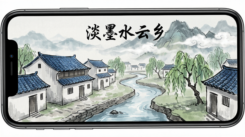主体为手机屏幕显示的《淡墨水云乡》游戏界面,布局呈现典型的中国风山水村落,排版整洁,风格为淡雅水墨画,细节包含青瓦白墙的房屋、蜿蜒的小溪、垂柳以及远山云雾,文字标注“淡墨水云乡”,画质高清,干净,无多余元素