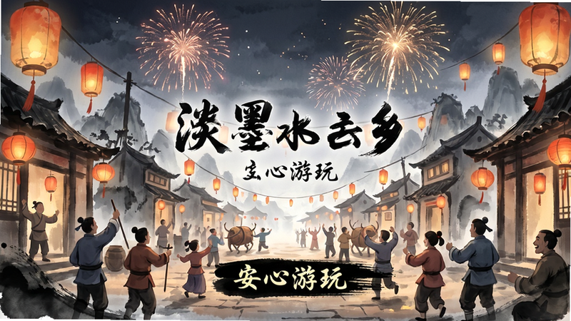 主体为《淡墨水云乡》游戏主界面全景,布局为宽屏展示,排版和谐,风格为梦幻水墨,细节包含烟花绽放、灯笼高挂、村民欢庆,文字标注“安心游玩”,画质绚丽,干净,无多余元素