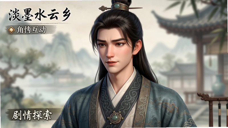 主体为《淡墨水云乡》角色互动界面,布局为半身像特写,排版紧凑,风格为古风人物画,细节展示角色服饰纹理、面部表情、背景虚化,文字标注“剧情探索”,画质精美,干净,无多余元素