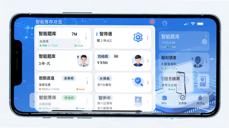 智能题库界面预览,主体为手机应用界面,布局采用卡片式设计,排版有序,风格科技感,细节包含题目列表与难度标签,画质清晰,干净,无多余元素,文字显示