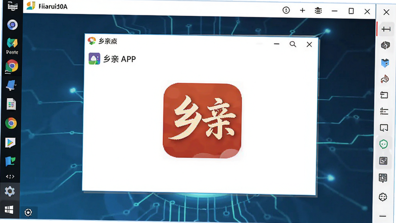 主体为电脑屏幕显示安卓模拟器界面,运行“乡亲”APP,布局为窗口化,左侧任务栏,中间应用窗口,风格现代科技,细节包含模拟器边框、任务栏图标清晰,画质高清,无多余弹窗,干净