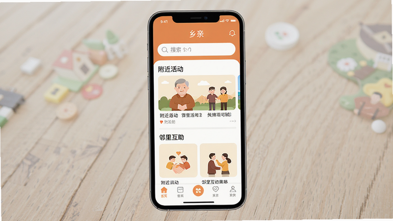 主体为手机屏幕界面,显示“乡亲”APP首页,布局简洁清爽,顶部搜索栏,中部展示“附近活动”与“邻里互助”板块,底部导航栏,风格扁平化、温馨暖色调,细节包含图标清晰、文字排版工整,画质高清,干净无多余元素,无水印