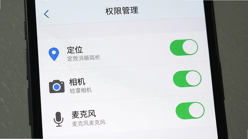 主体为手机设置界面,展示“权限管理”页面,布局清晰,列表形式展示“定位”、“相机”、“麦克风”权限开关,风格扁平化,细节包含开关状态明确、文字说明清晰,画质清晰,无多余装饰,干净