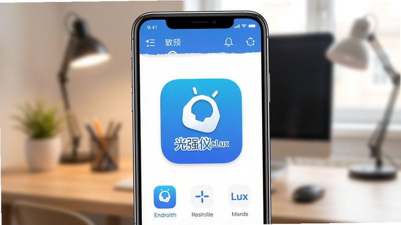 光强仪eLux安卓版应用图标与主界面展示,手机屏幕居中显示,背景为柔和的室内办公环境,画面清晰,UI元素醒目,标注“光强仪eLux”字样,高清写实风格,无多余装饰