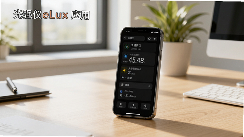 光强仪eLux在办公场景中的应用示意,手机放置于桌面上,屏幕显示光照数据,背景为办公桌与绿植,标注“光强仪eLux 应用”,明亮自然光风格,清晰真实