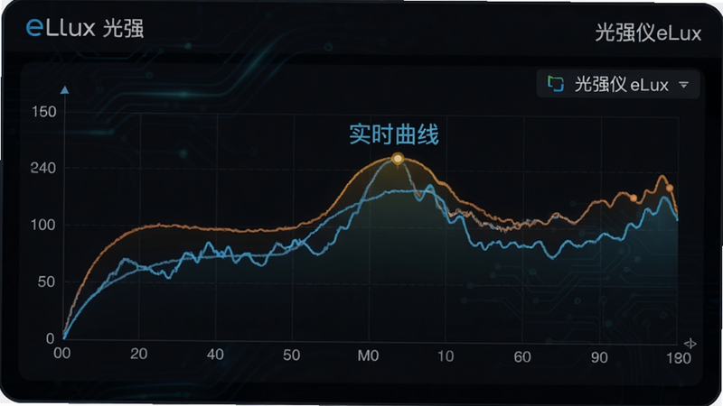 光强仪eLux实时数据界面,显示动态光照曲线图,背景为深色模式,突出数据可视化效果,标注“实时曲线”与“光强仪eLux”,科技感风格,清晰易读