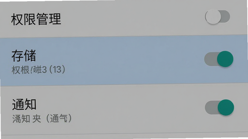 手机设置界面截图,主体为权限管理列表,高亮显示“存储”和“通知”权限,背景为系统默认灰色,布局列表式,排版标准,风格原生安卓风格,细节包含开关按钮状态,文字“权限管理”清晰,高清,简洁