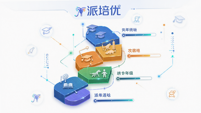 派培优 分阶课程流程图,主体为垂直排列的阶梯状路径,每个阶梯标注不同年级或难度级别,背景为白色,布局线性清晰,排版现代,风格教育科技风,细节包含图标和进度条,文字“派培优”作为品牌标识,高清,干净